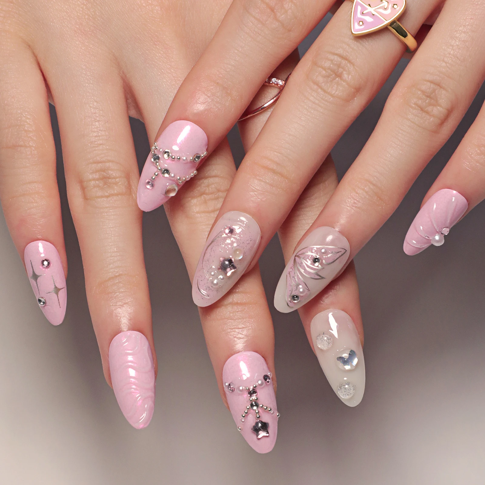 Pink Fake Nails with Butterfly Decor Natural-looking Easy to Take on and Apply for Professional Nail Art Salon Supply