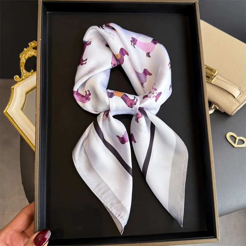 Silk Square Scarf Women Luxury Dog Print Kerchief Soft Satin Hairband Hands Bag Ribbon Foulard Hijab Neckerchief Headband Ladies image 2