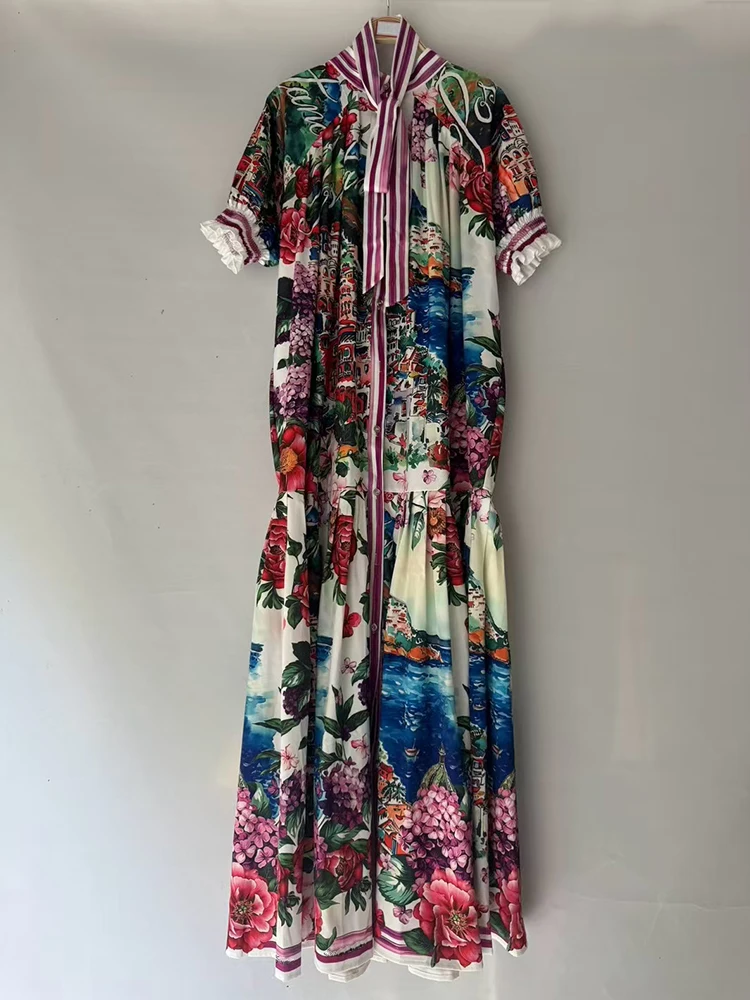 2025 여름 여성 빈티지 프린트 라운드 넥 싱글 브레스트 레이스 업 신치 웨이스트 드레스와 주름진 루즈 푹신한 스커트