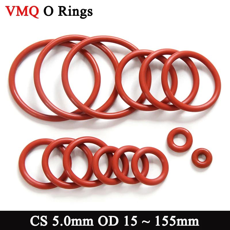 10pcs Red Silicone VMQ O Ring Seal Gasket CS 5.0mm OD 15 ~ 155mm Rubber Insulated Waterproof Silicon Nontoxic Seal Gaskets