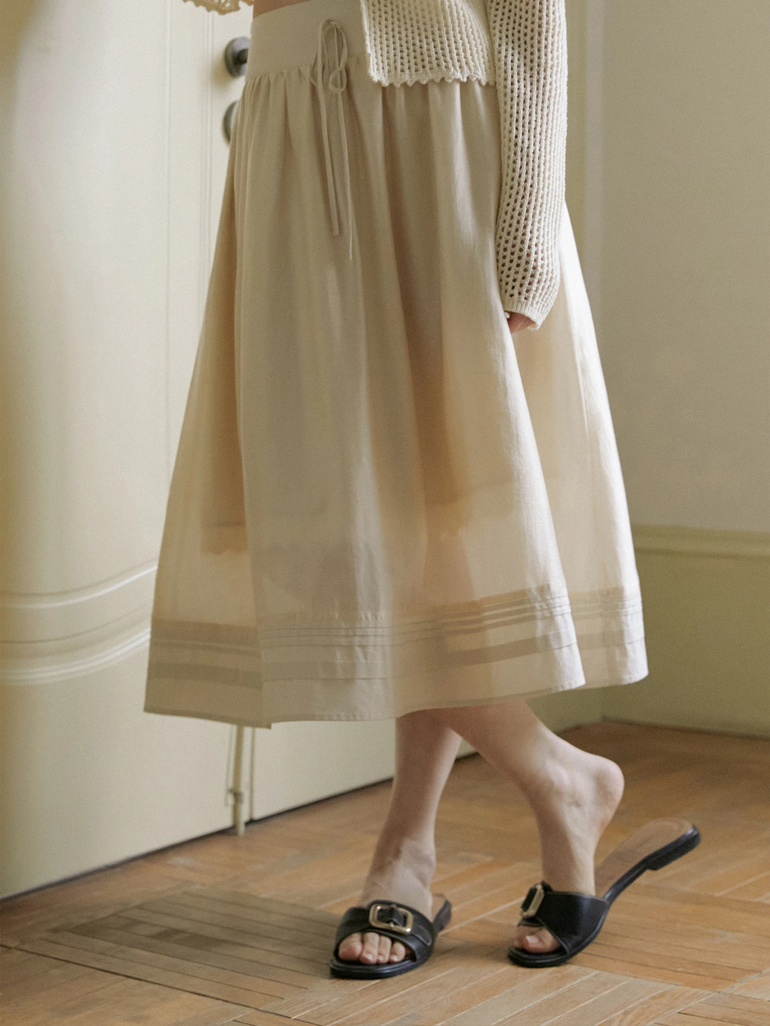 LLANO Double Layer Lace Knee-Length Skirt Women's Vintage Miniature over Knee Half Skirt Small A-Line Summer Cotton Gauze