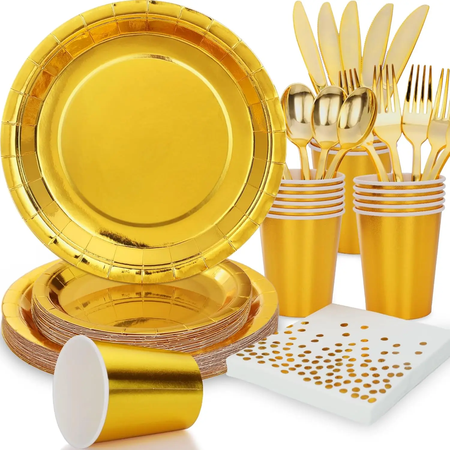 

Gold Plates Disposable Dinnerware Gold Party Plates and Cups Napkins with Gold Utensils for Anniversary Birthday Party Decor