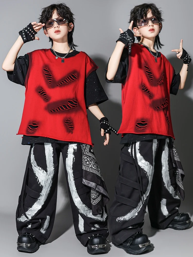 Summer Boys Jazz Dance Costume Hip Hop Locking Performance Clothing Fashion Red Hole Vest Baggy Pants Teenager Street Suit 16320