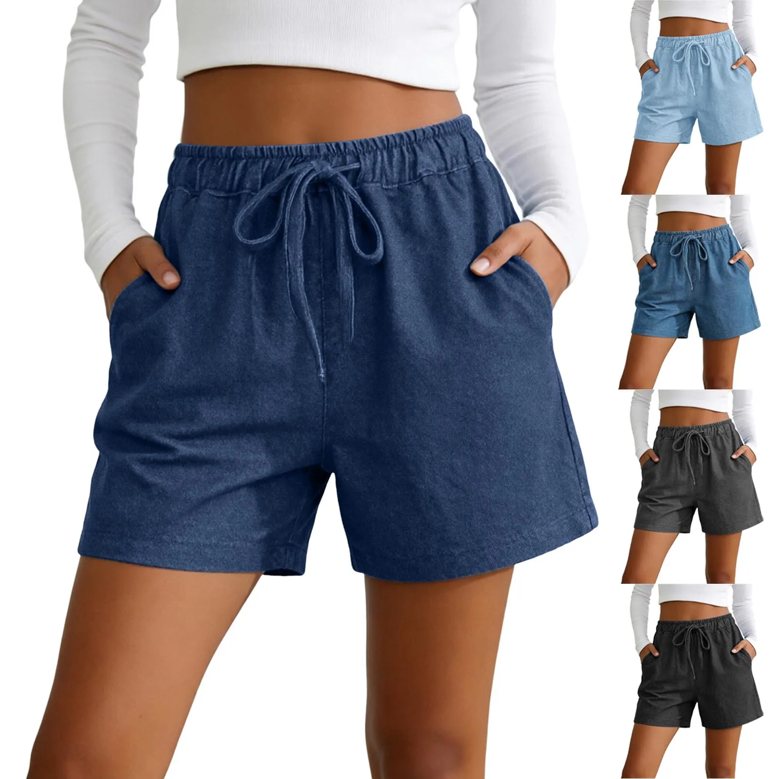 Women Denim Shorts Summer Loose Stretch Drawstring High Waist Casual Shorts American Retro Solid Jeans Cargo Pants For Women