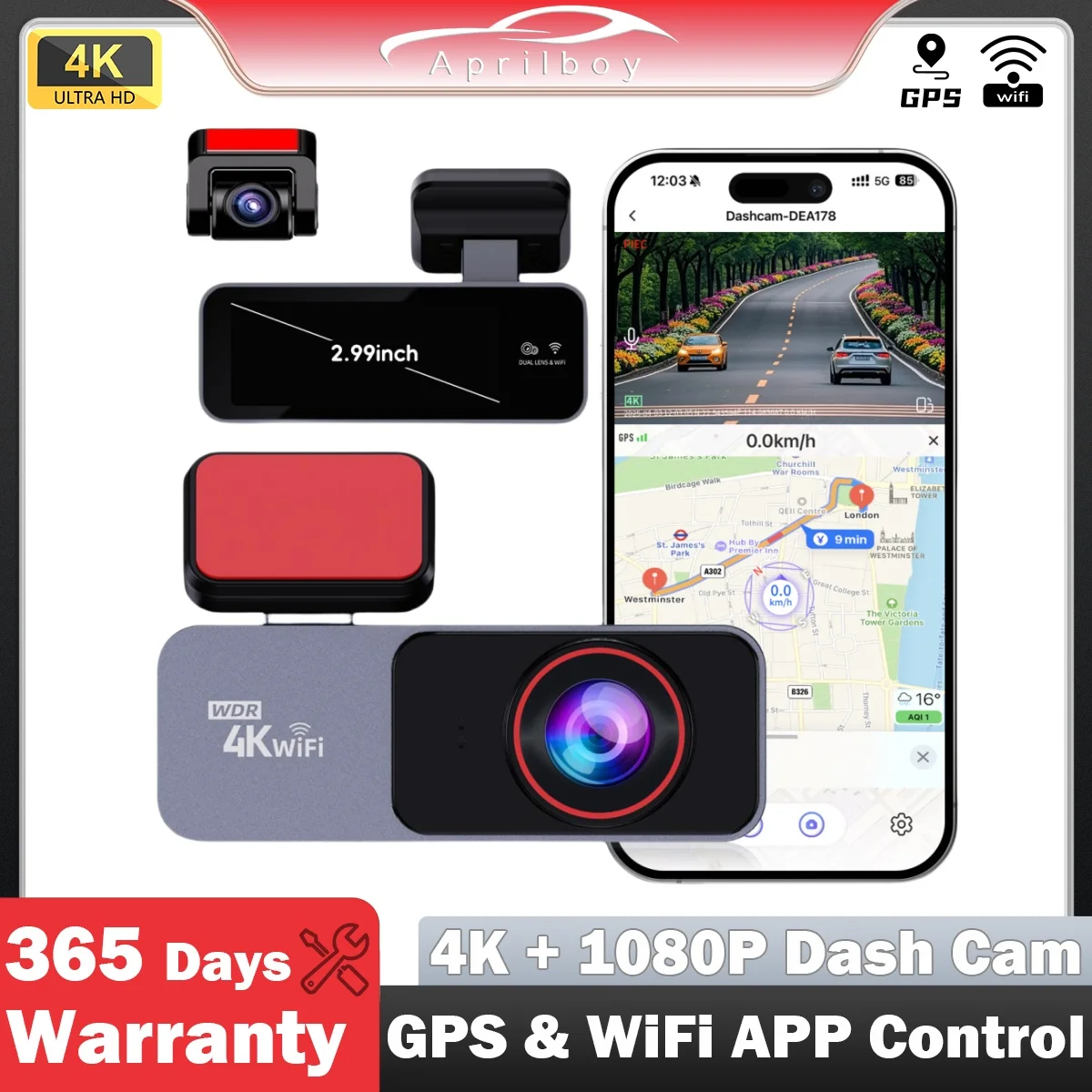 Aprilboy 4K WiFi GPS Dash Cam for Cars Front and Rear Dual Lens Auto Dashcam Support Night Vision 24H Parking Monitor Black Box
