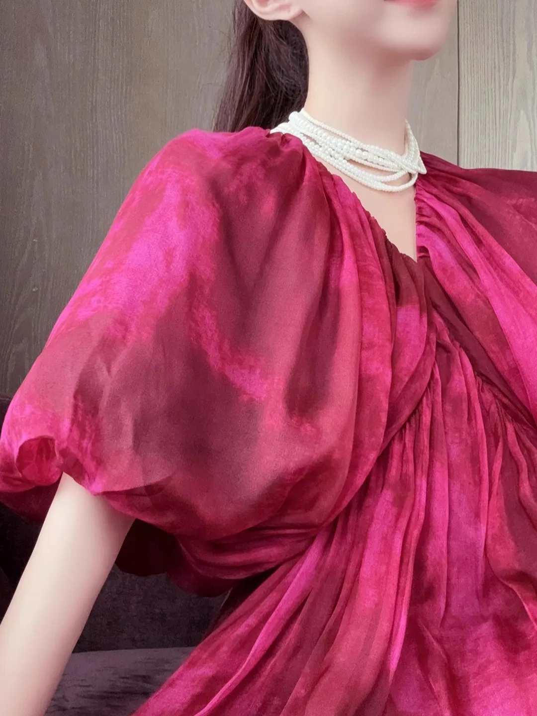 

Романтичное шелковое платье с пышными рукавами, женственное, с завышенной талией, А-силуэт, летнее, с коротким рукавом, V-образным вырезом, шелковое платье