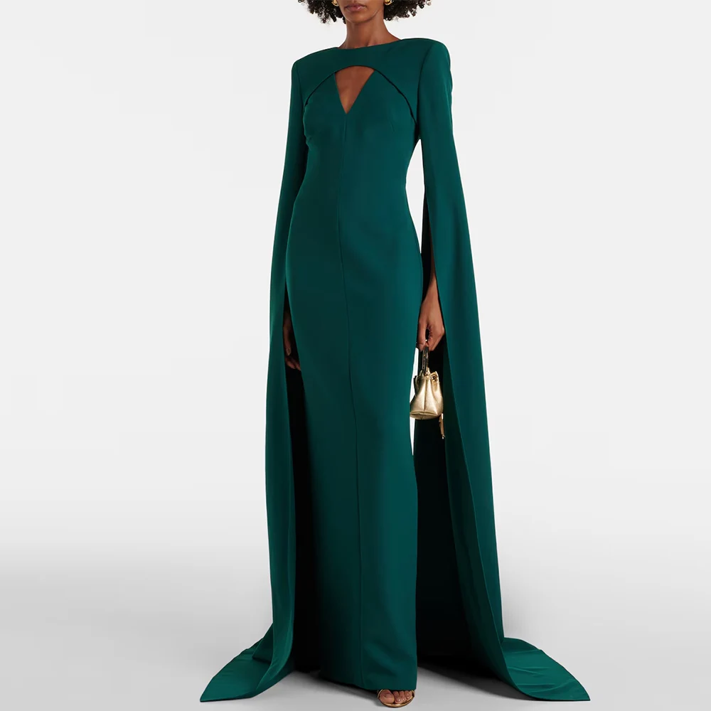 

Turquoise Dresses for Special Events Saudi Arabia Jersey Sheath Formal Evening Dress O-Neck Cloak Sleeves Hollow Prom Gown Long