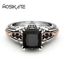 WOSIKATE 925 Sterling Silver Rose Gold Plated Square Black Zirconia Ring For Women Fashion Jewellery Engagement Finger Ring Gift