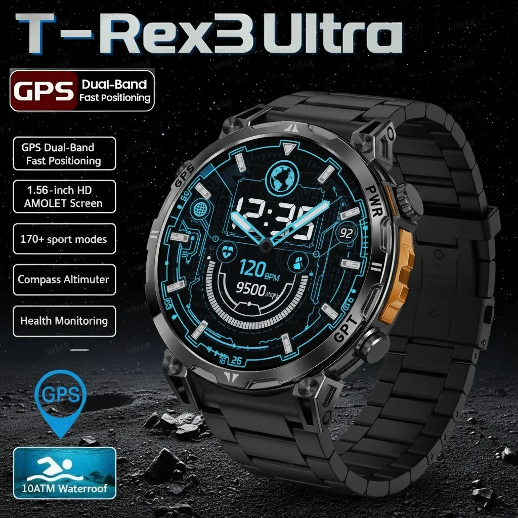 2026 جديد T-Rex 3 Pro العسكرية GPS ساعة ذكية مدمجة ثنائي النطاق GNSS البوصلة 1.56 بوصة AMOLED شاشة 10ATM السباحة SmartWatch #1