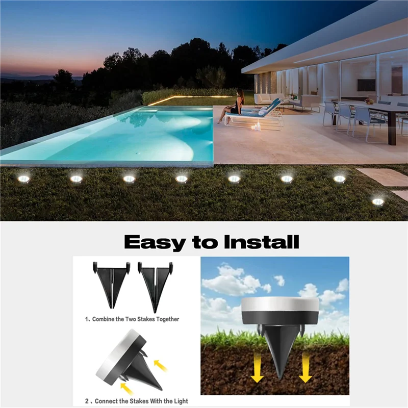 AT51-Cool White LED Solar Ground Lights 8-Pack, IP65 Waterproof, Anti-Rust Disc Lighting For Outdoor Landscaping
