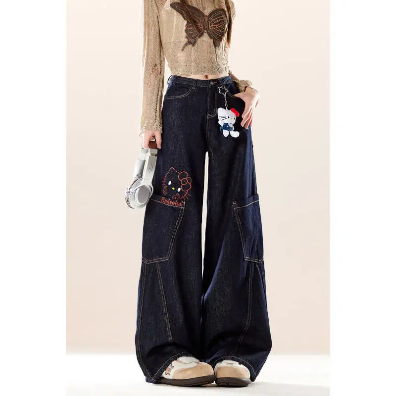 

Jeans Hello Kitty Scimitar Work Pants 2026 New Women's Spring Summer Retro Distressed Washed Casual Wide Leg Loose Pants Cartoon
