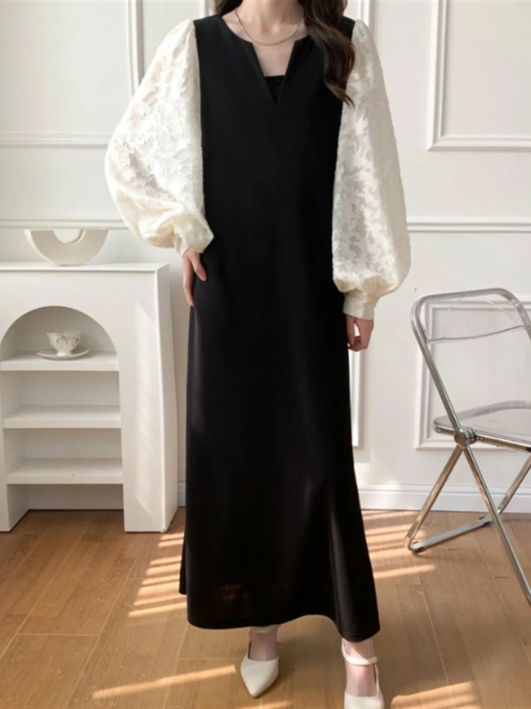 

Новинка 2024 года, весна-лето, корейское модное кружевное офисное женское платье с длинным рукавом и v-образным вырезом, свободное искусственное платье трапециевидной формы из двух частей