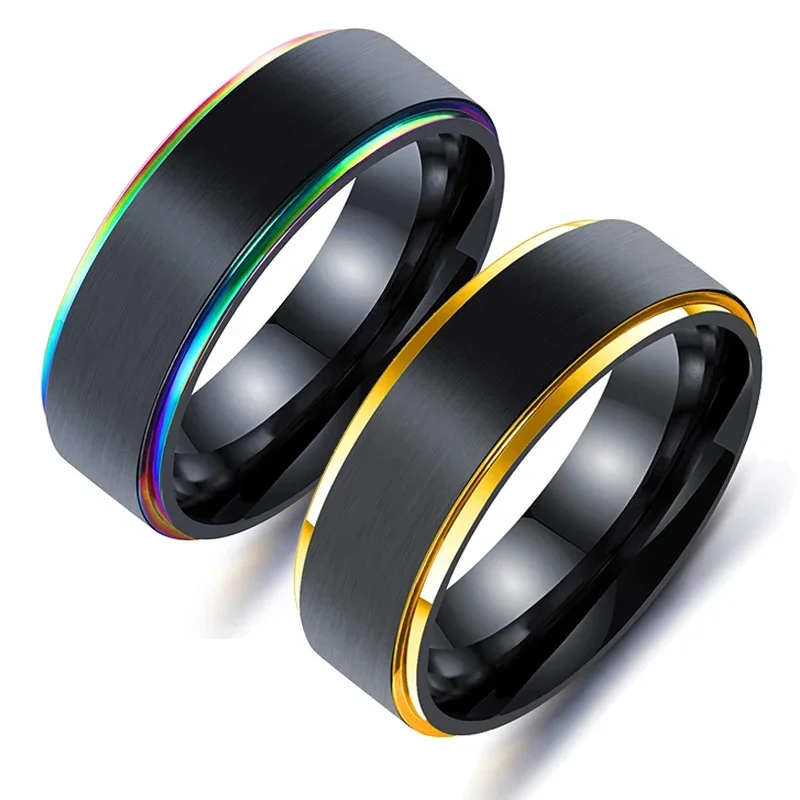 Nieuwe Klassieke 8Mm Regenboog Kleurrijke Titanium Stalen Ring Zwart Geborsteld Wedding Band Mannen Ring