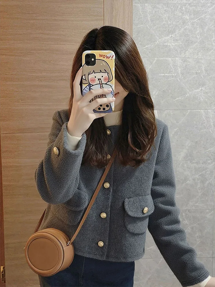 

Ele ort ey Woolen Coat Women's Faionable Autumn Winter New Sle Small Size Lady's Warm Outerwear Stand Fit