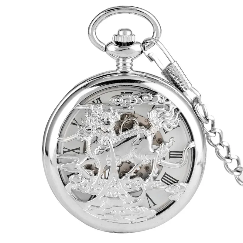 Vintage Unisex Mechanical Hand-winding Pocket Watch Silver Hollow Out Kirin Men Women Skeleton Clock with Pendant Chain Reloj