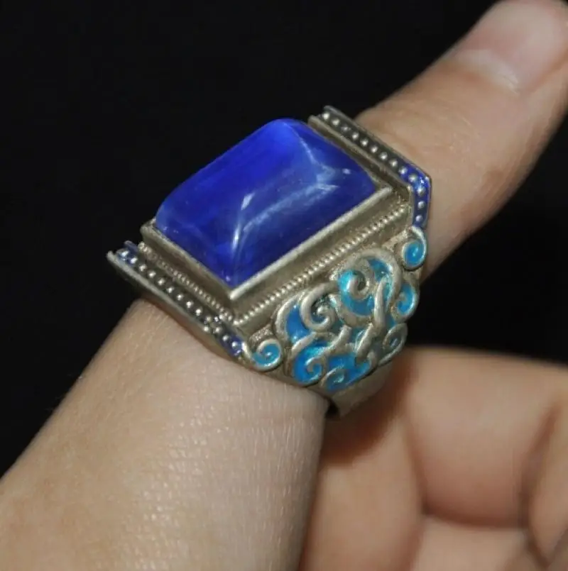 

1.1" rare old Chinese silver Inlay blue gemstone Cloisonne flower ring