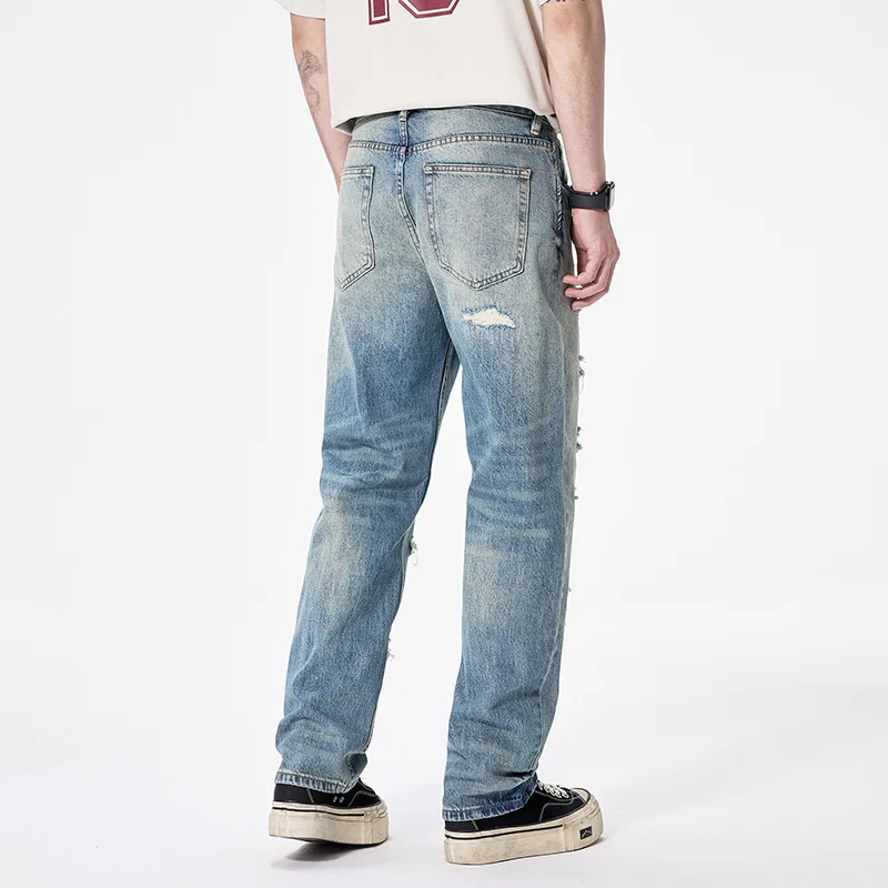 Street Designer Fashion Men Jeans Retro Blue Straight Fit Hole Patched Ripped Jeans Men Hip Hop Y2K Vintage Baggy Denim Pants