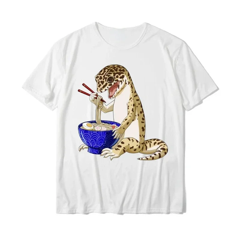 Funny Kawaii Print Ramen Reptile Leopard Gecko T-shirt Japan Anime Cartoon Tees Men Women Summer Breathable Creativity Tops