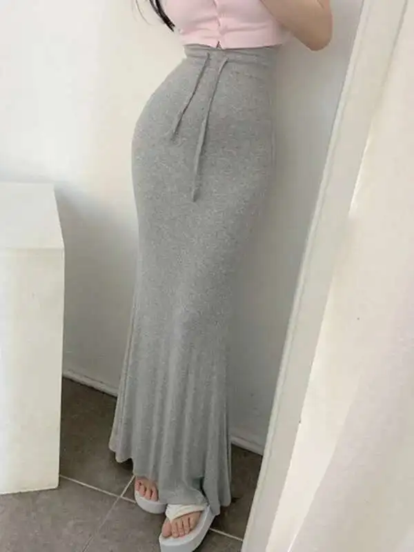 Spódnica damska w stylu koreańskim na jesień/zimę 2024, z wysokim stanem, sznurowana, typu rybka, gładka, wyszczuplająca, codzienna, uniwersalna, kopertowa, podkreślająca biodra, 14EG