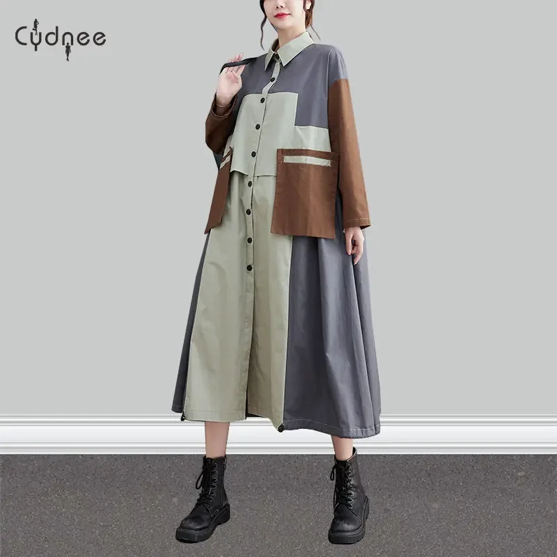 Earthen Oversized Contrast Patches And Double Front Pockets Dress Plus Size Grey Oversized Patchwork Cotton Shirt Dress Spring