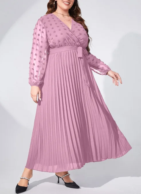 

Casual Plus Size Dresses Fashion V-neck Pleated Women Elegant Dresses 2023 New Temperament Large Size Lady Solid Color Dresses