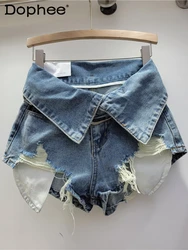 Retro Tattered Short Jeans Women 2024 Spring Summer Hot Girl Style High Waist Slimming and Wide Leg Shorts Black Booty Shorts