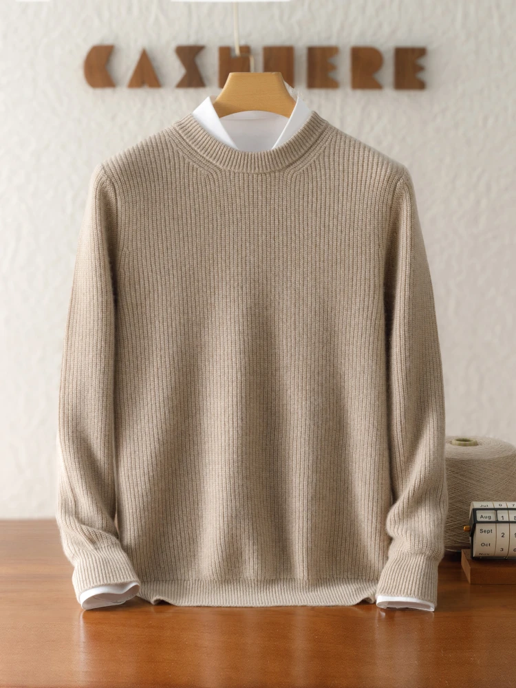 メンズ用100％ピュアカシミヤセーター、インゴットニードル厚手、ラウンドネック、長袖プルオーバー、長袖セーター