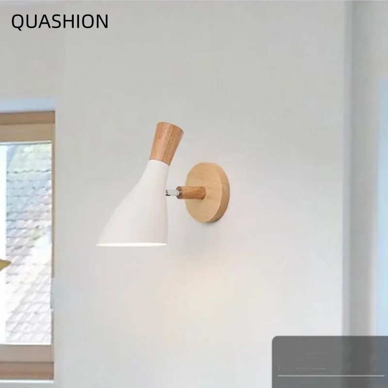 Nordic Macaron Adjustable Minimalist Wood Base Wall Sconce E27 Modern Decor Lamp For Bedroom Hallway Kids Room