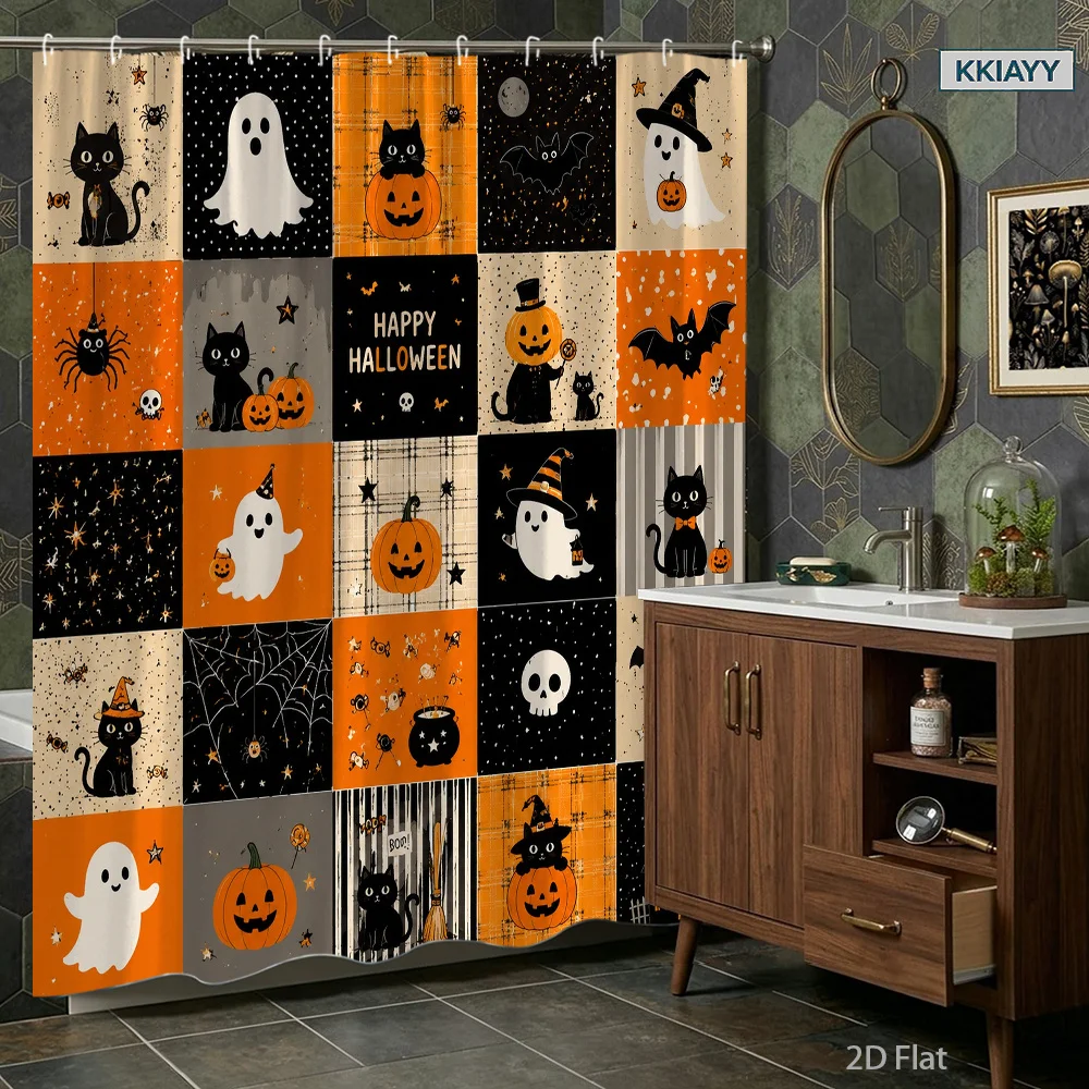 1pc KKIAYY Spooky Patchwork Shower Curtain with Hooks - Cute Black Cat,, Bat, Spider & Skull, Vintage Grid Stripe Bathroom Curta