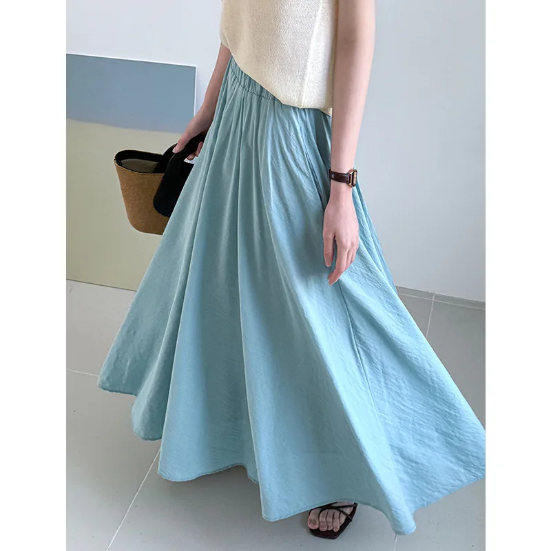 

Summer elastic women's skirt, slightly elastic pleated mid length A-line skirt, fashionable elegant Korean style solid 2025 new