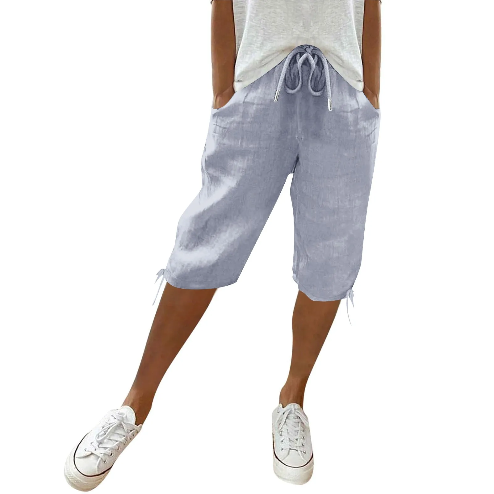 Damen-Baumwoll-Leinen-Hose, Sommer, täglich, cool, fünf Hosen, bequem, lässig, Kordelzug, elastische Taille, fünf halbe Hosen, Pantalone