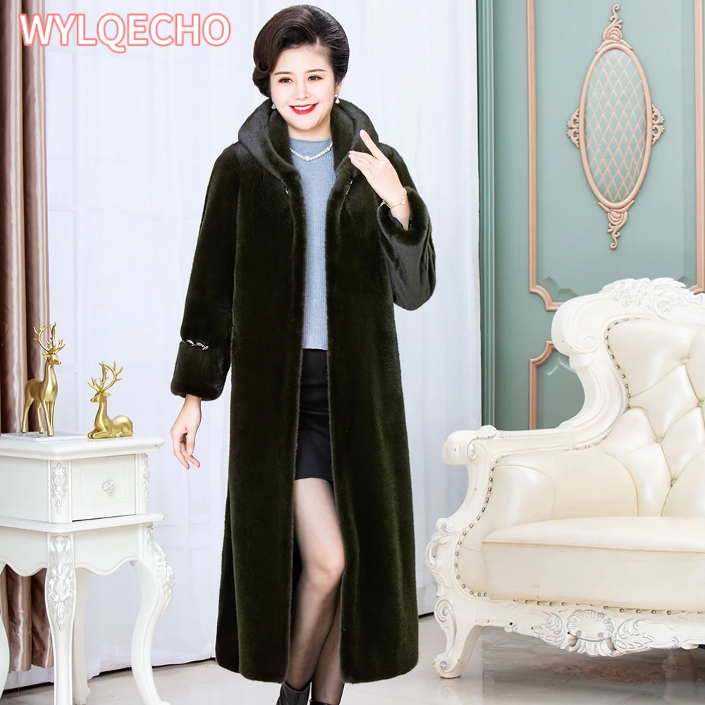 Mom's New Winter Coat Imitation Fur Overcoat The Knee Thickened Mink Velvet Coat Solid Color For Middle-aged and Elderly Women