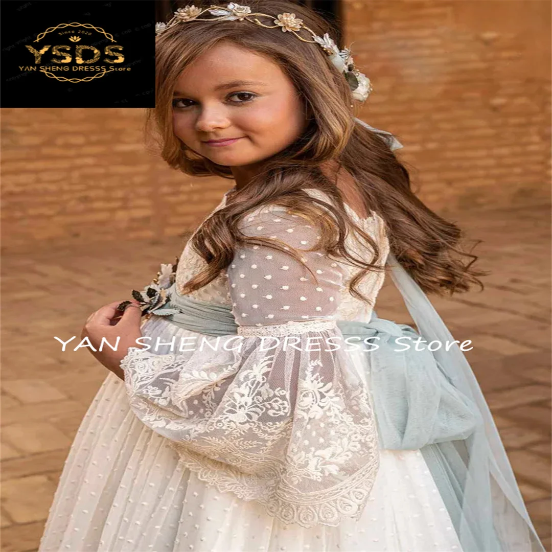 Robe de demoiselle d'honneur vintage en dentelle pour enfant, tenue de princesse en coton avec ceinture et ruban floral