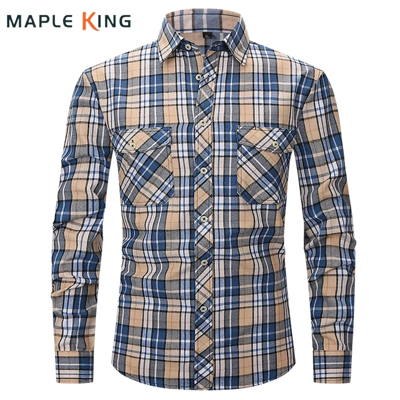 

Vintage Brushed Check Shirts for Men Women Long Sleeve Double Pockets Designer Button Up Oversized Shirts Cardigan Streetwear