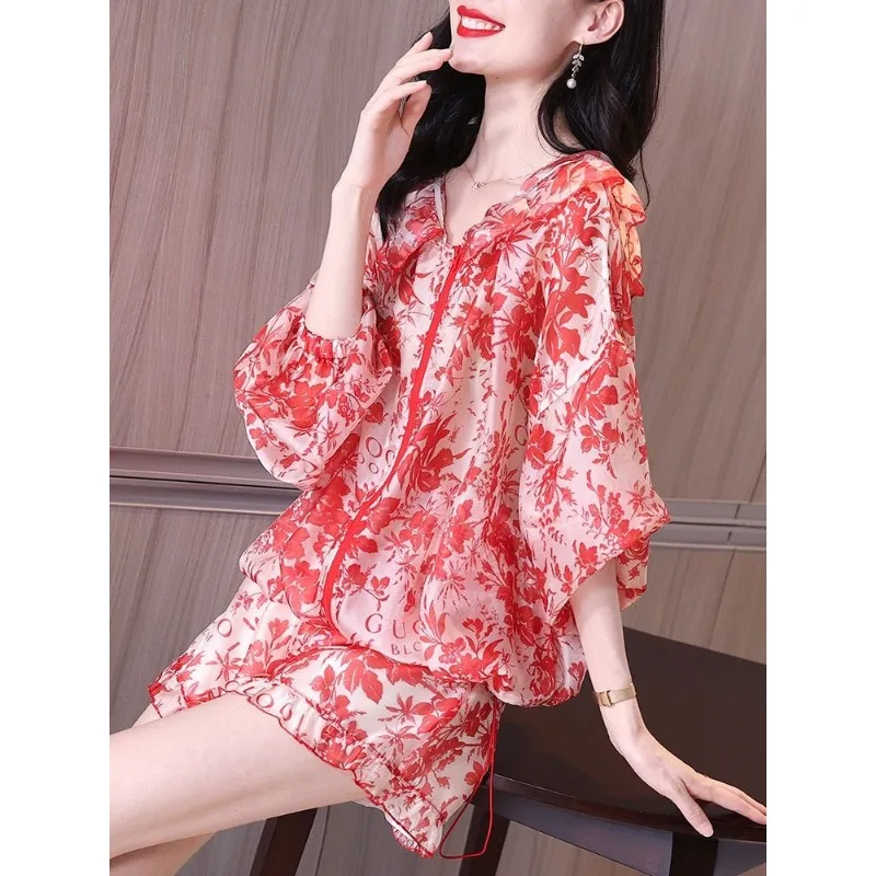 Summer  Fashion Western Style Fashionable Fallow Hooded Zipper Printing Chiffon Shirt Shorts Two-piece Suit Female Shorts Women