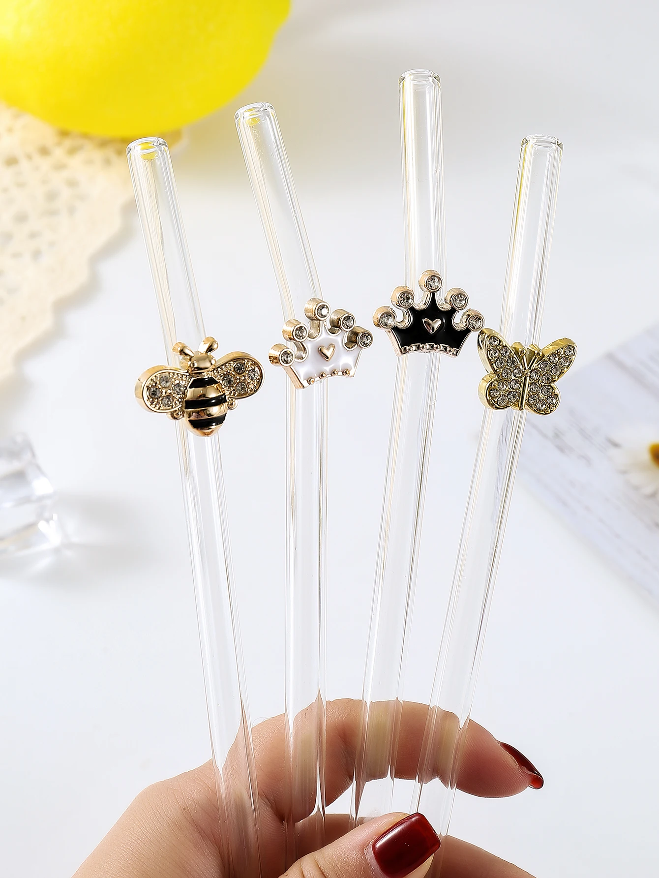 Double Color Crown Bee Butterfly Glass Straw, Transparent Bendable Straws, Home Kitchen Decor, Birthday Gift, Party Supplies