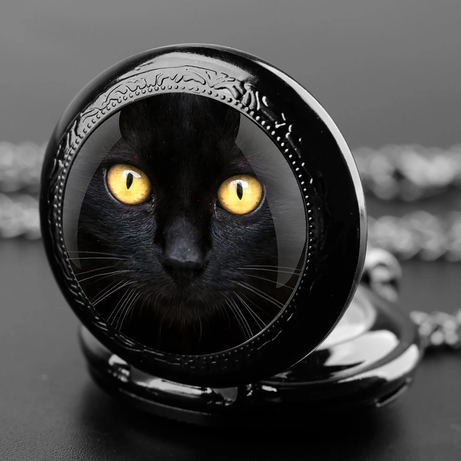 Exquisite Black Cat Glass Dome Quartz Pocket Watch for Women Men Kids Unique Vintage Clock Watches Chain Jewelry Pendant Gift
