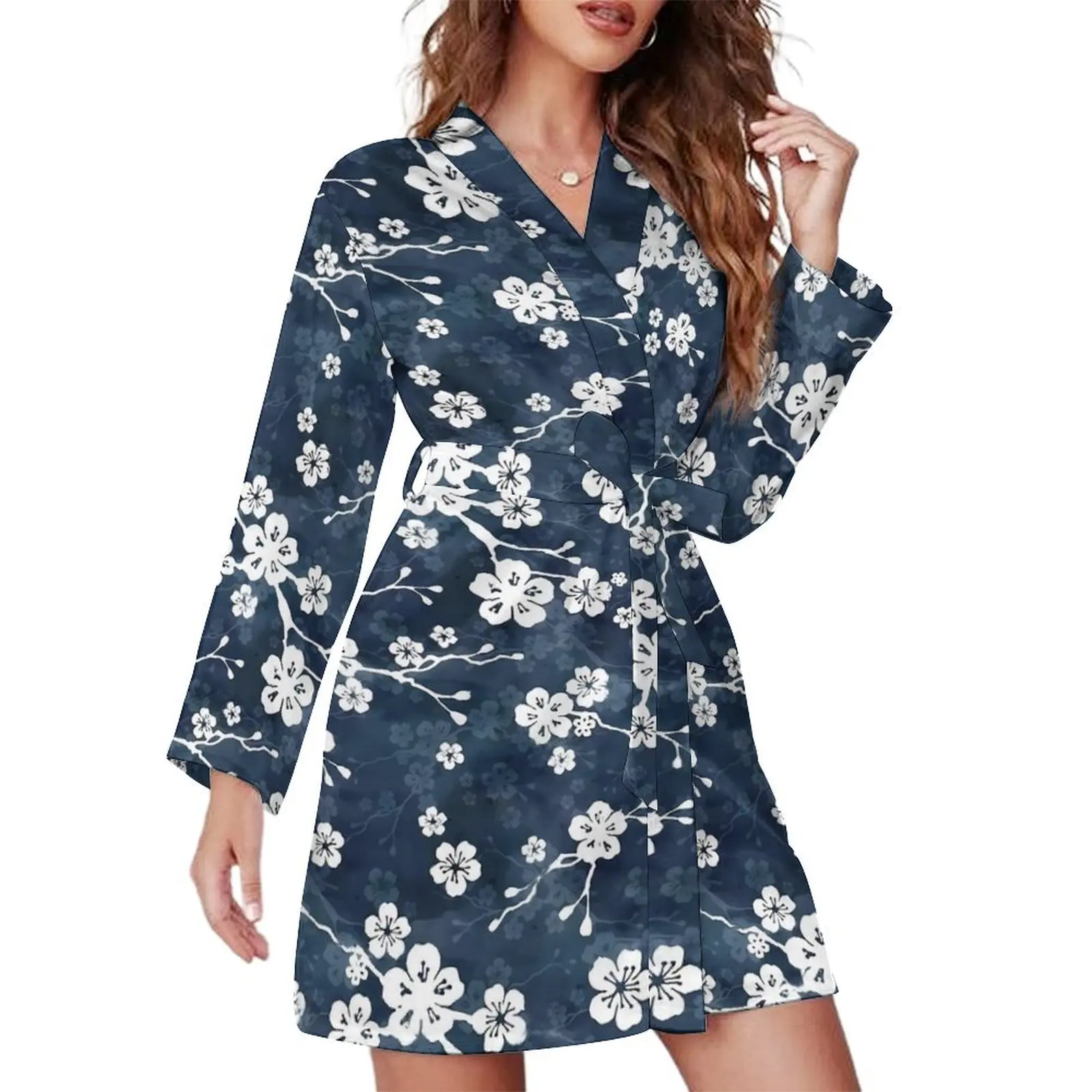 Blue Fower Print Pajama Robe Women Cherry Blossom Comfortable Sleepwear Long Sleeve V Neck Pajamas Robes Spring Sexy Dress