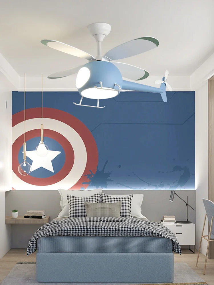 Children's Room Fan Lamp Ceiling Fan Lights Bedroom Study Boy's Room New Helicopter Plane Electric Fan Lamp