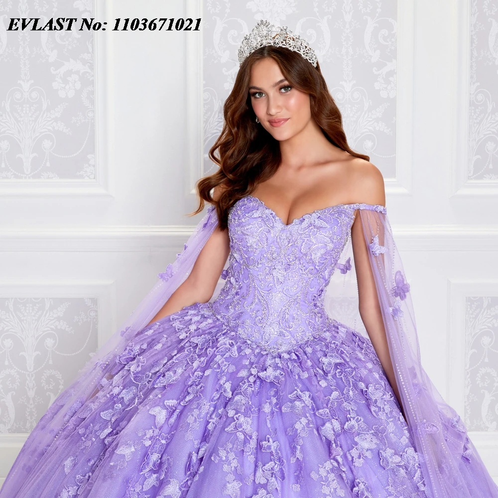 EVLAST vestido De quinceañera De lavanda mexicana, vestido De baile, apliques De encaje, cuentas De cristal con capa, corsé, Vestidos De XV Anos SQ293