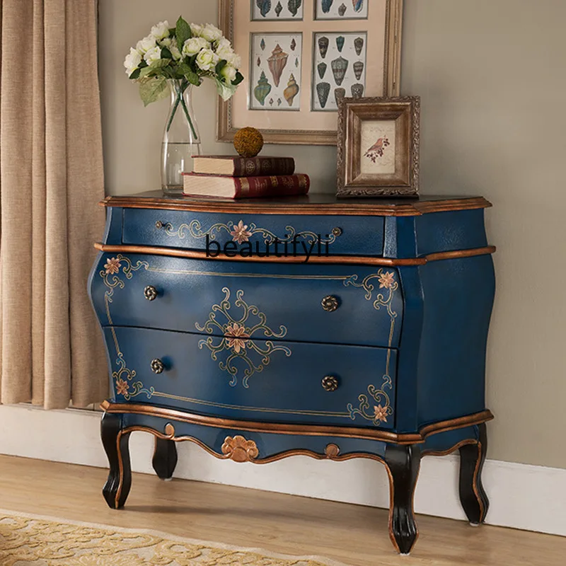 

American country foyer entrance, retro three-bucket cabinet solid wood living room storage, painted decorative cabinet