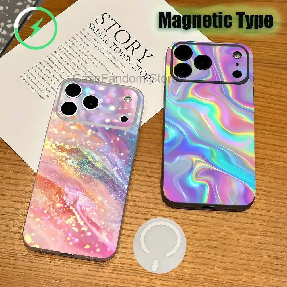 

Rainbow Holographic Shockproof Transparent White Phone Case For iPhone 17,16,15,14,13,12,11,Pro,Max Magnetic Wireless Charging