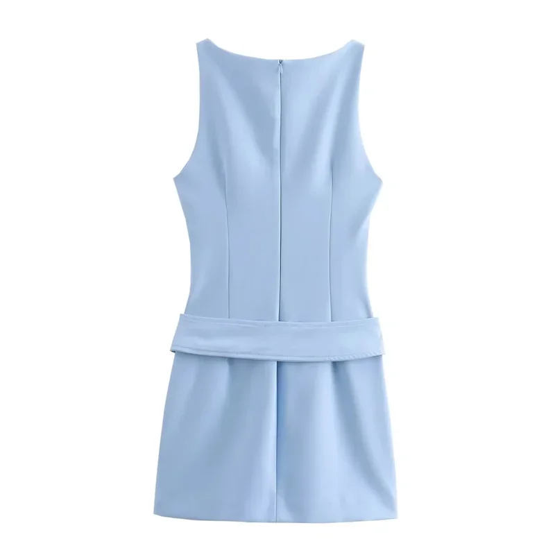 TRAF Blue Sleeveless Mini Dress Woman Belt Short Dresses For Women Fashion Elegant Party Dresses 2024 Summer Bodycon Dress