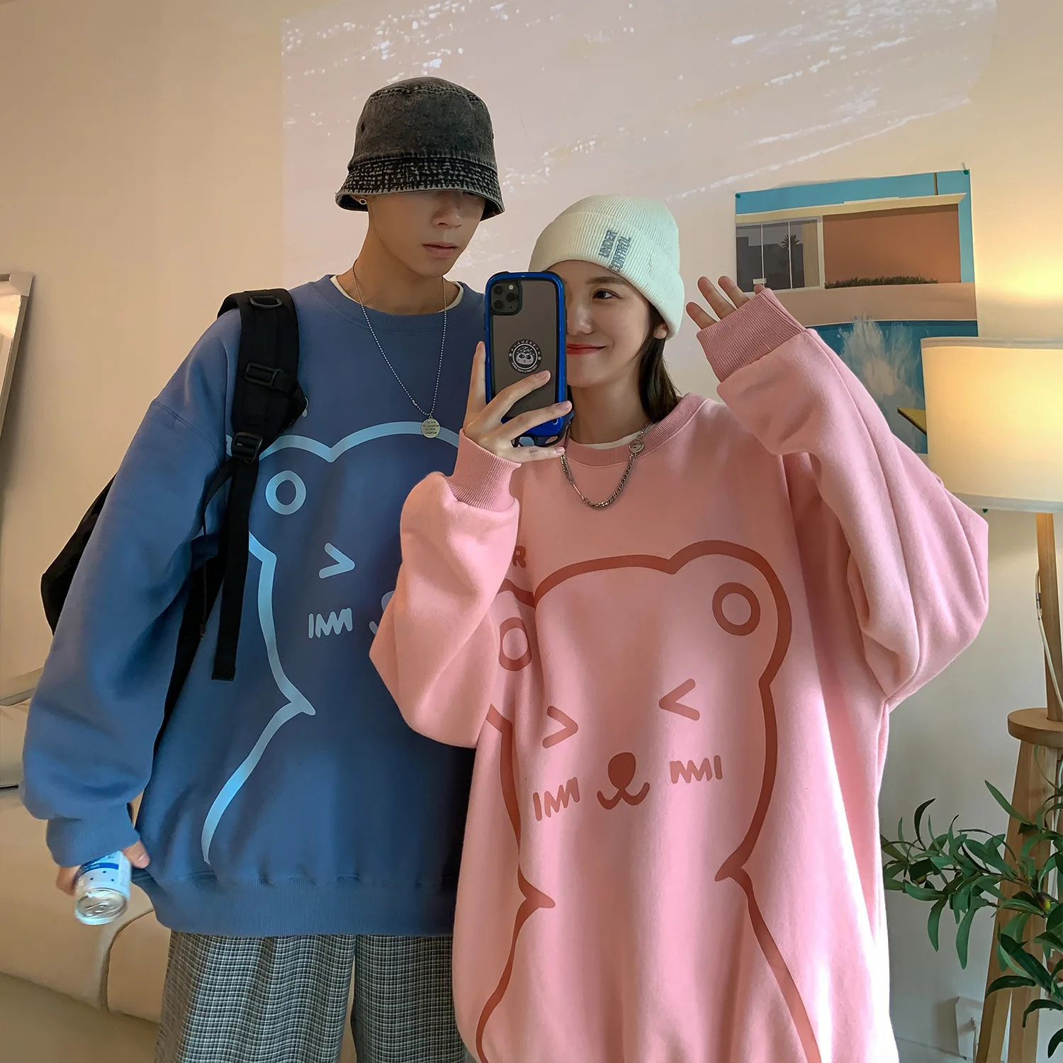 Oversized Hoodie Kawaii Cartoon Bear Print Casual O-Neck Pullovers Sweatshirts Autumn Long Sleeve Couple Sweatshirt