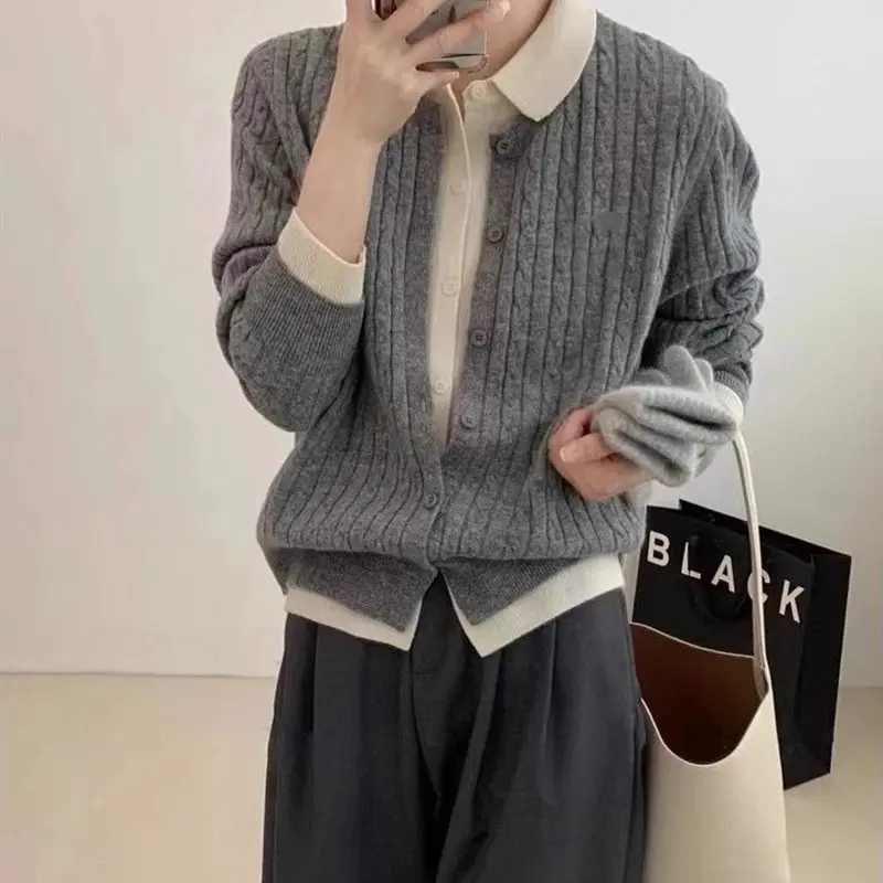 Fake Two Sweaters Knitted Sweater Spring and Autumn Korean Version POLO Collar Slim Fit Western-style Women\'s Cardigan Top