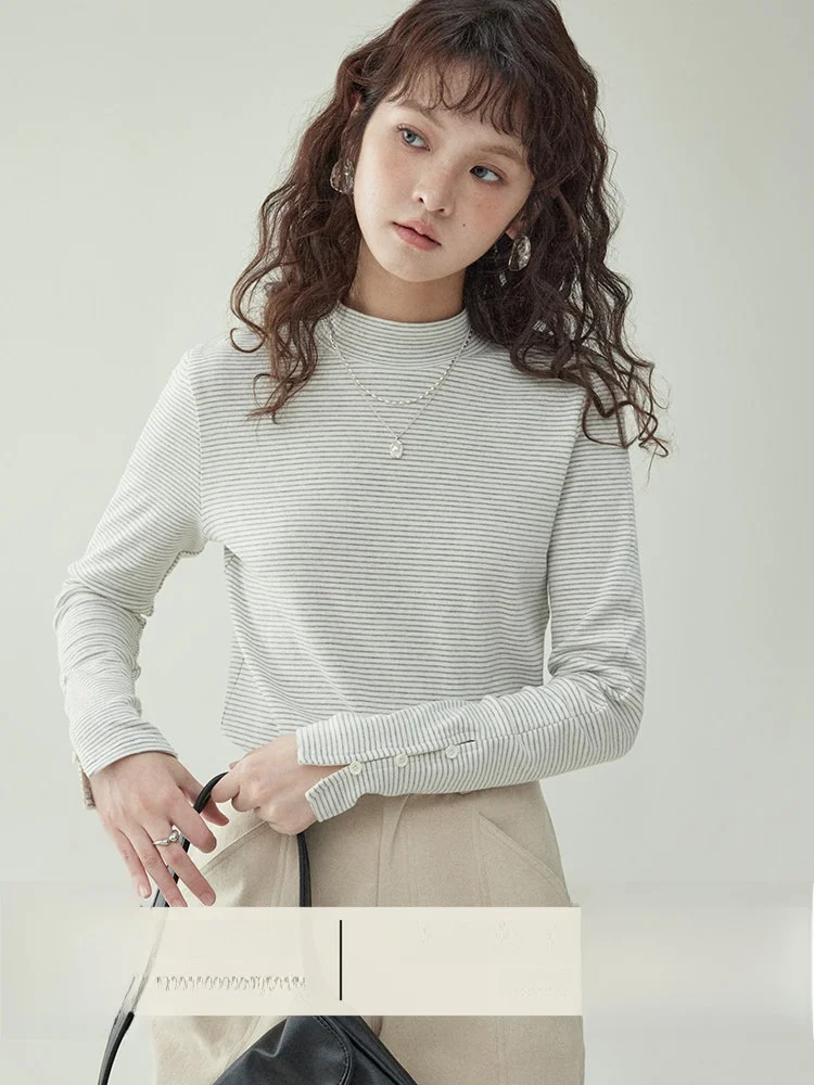 

AMUU Оригинальная женская полосатая футболка с высоким воротником и пуговицами, базовый топ, белый, осень-зима, новинка, повседневный стиль