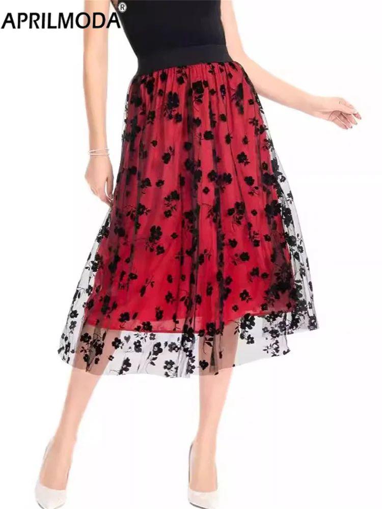 Robe mi-longue taille haute élastique pour femme, patchwork floral, doux, élégant, tout match, ligne A, grande balançoire, jupe de soirée, quoi que ce soit, 2025