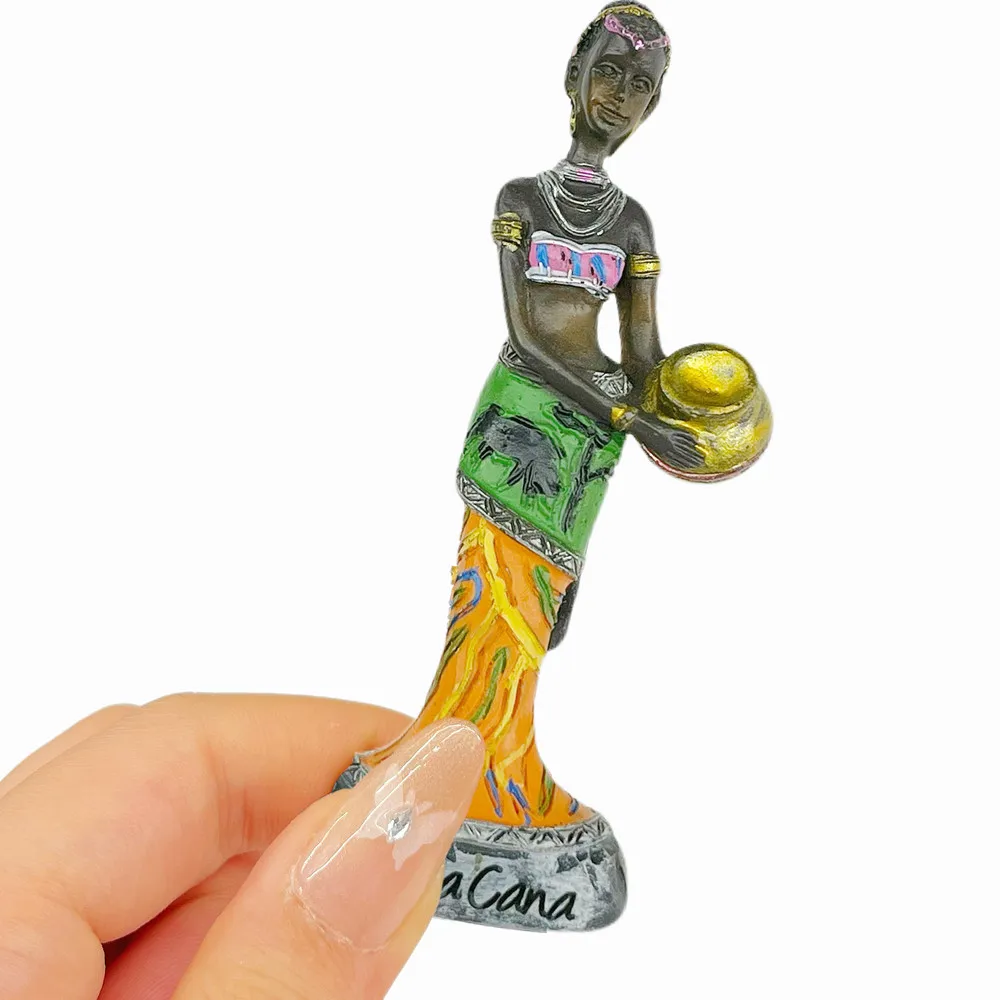 Dominican Republic Punta Cana 3D Black Woman in Blue Skirt with Basin Fridge Magnet, Resin Caribbean Souvenir, Gift Collectible
