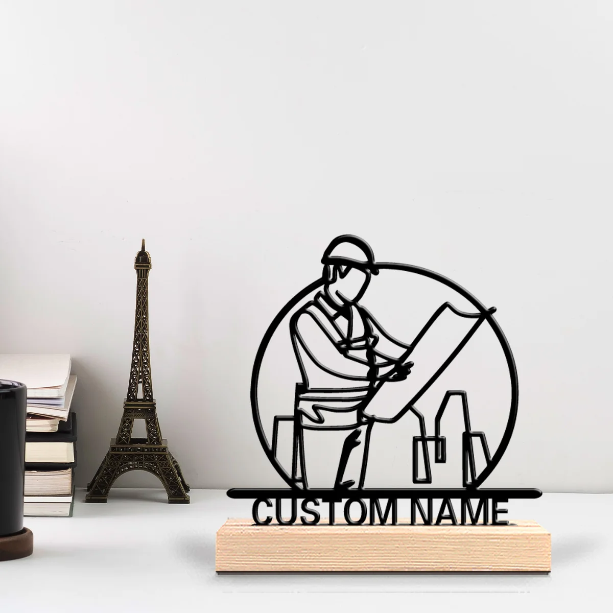 1pc Abstract Construction worker Custom Text Metal Statue Iron Ornament Art Figurine With Wood Base Iron OrnamentFor Home Decor