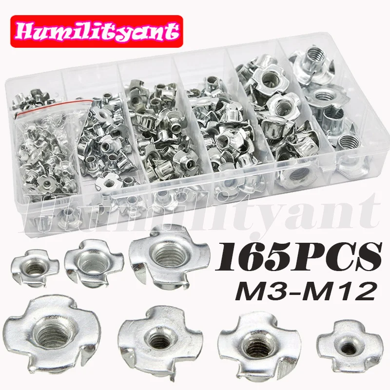 

165Pcs T-nut M3 M4 M5 M6 M8 M10 M12 Zinc Plated Four Claws Nut Speaker Nut Blind Pronged Tee Nut Furniture Hardware